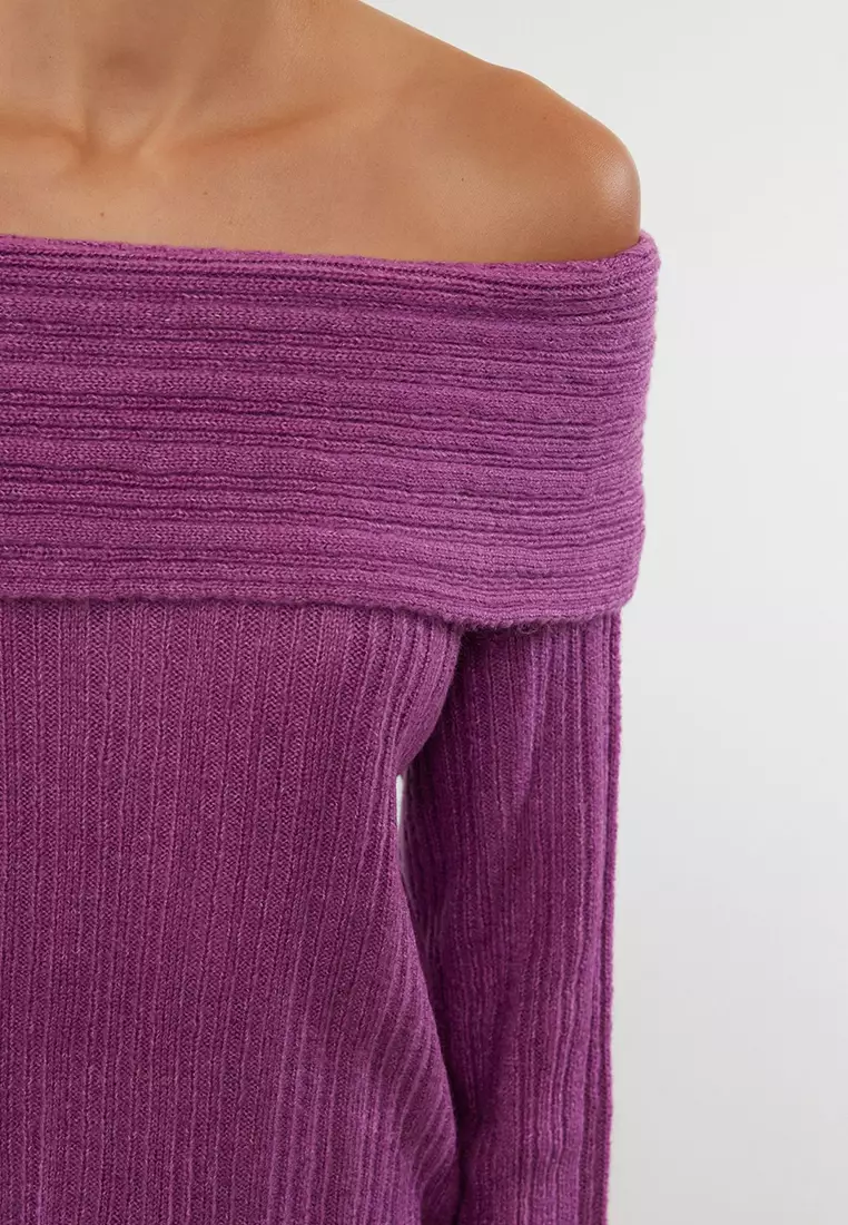 Plum Soft Textured Carmen Collar Knitwear Sweater TWOAW25KZ00076