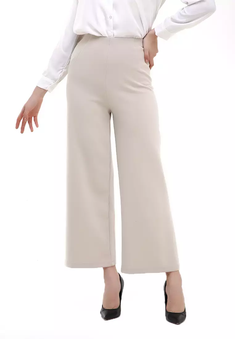 Kahla Culotte Trousers Zipper On The Back Bawahan Wanita Premium Quality - Cream