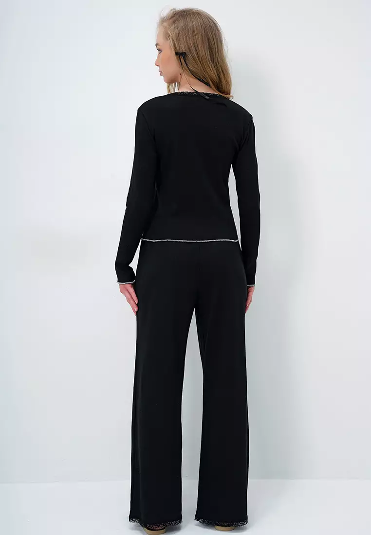Black Wide Collar Scallop Detailed Bow Embroidered Blouse And Palazzo Pants Pajama Set Alc-X14066
