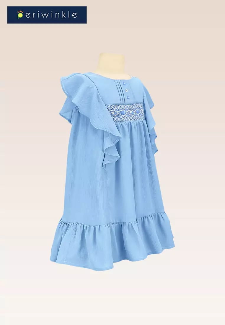 Juliette Girls Blue Tunic Dress with Smocking and Embroidery Details