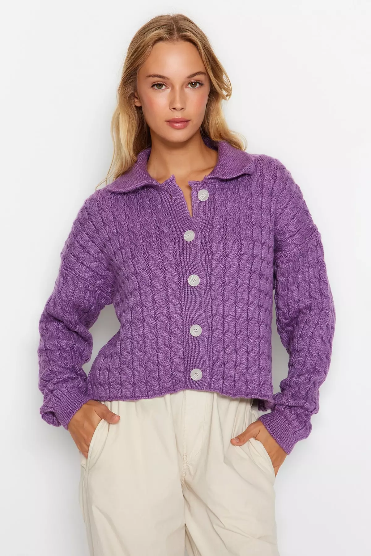 Buy Trendyol Purple Polo Collar Knitted Detailed Sweater Cardigan