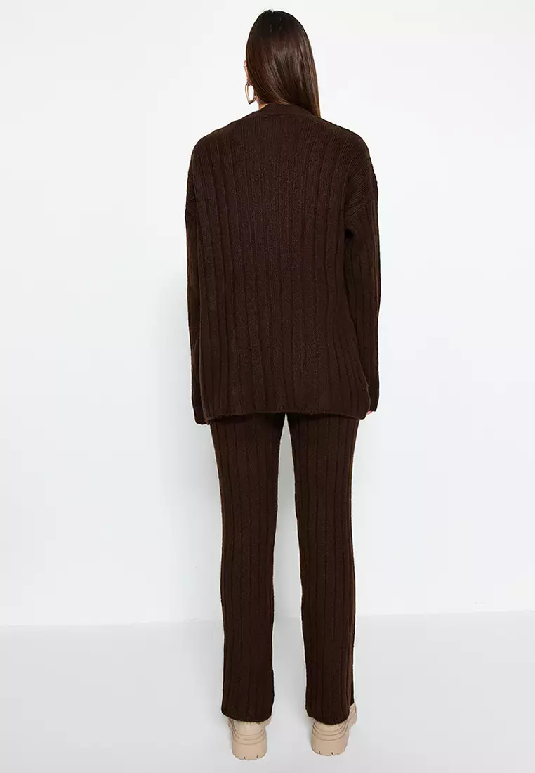 Brown Wide fit Soft Textured Knitwear Top-Top Set TWOAW22AU0128