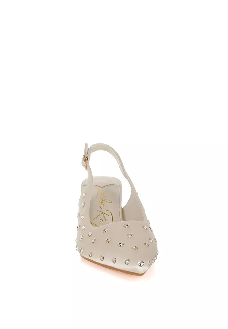 Heart-Shaped Rhinestone Studded Slingbacks in Beige