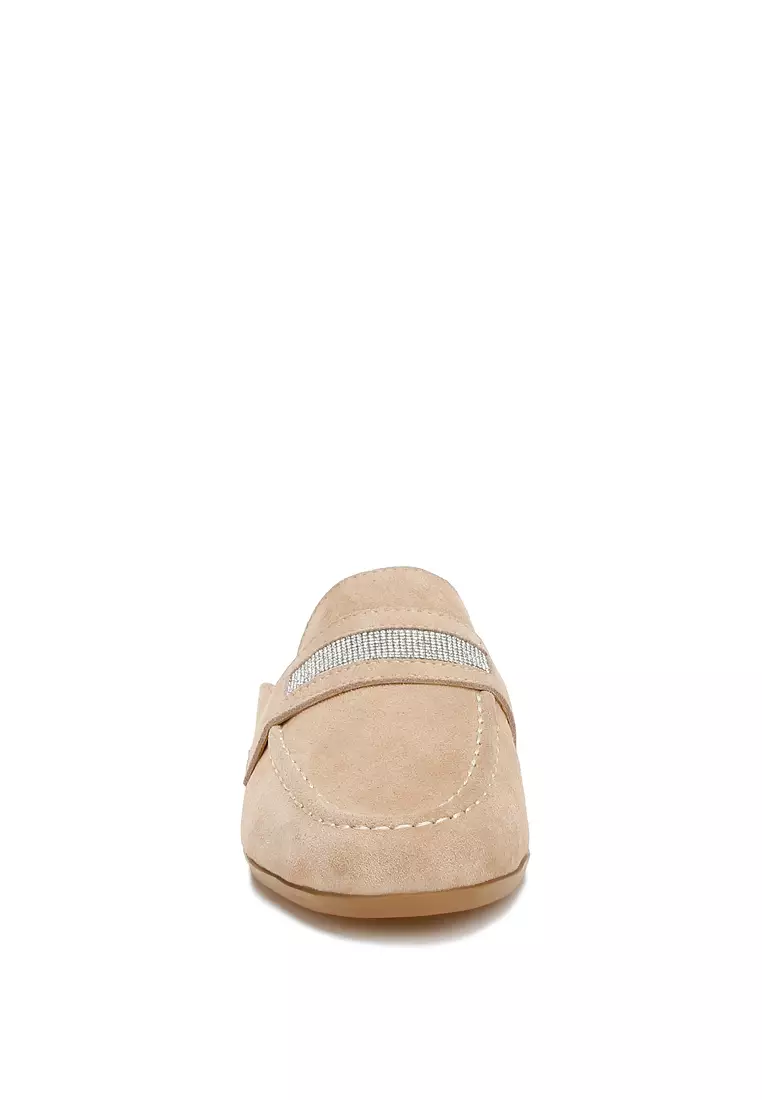 Rhinestone Strap Suede Mules in Sand