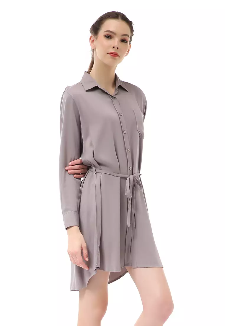 Rachel Dress Wanita Model Kemeja Full Kancing Long Sleeve Material Twill Rayon ORIGINAL - Gray