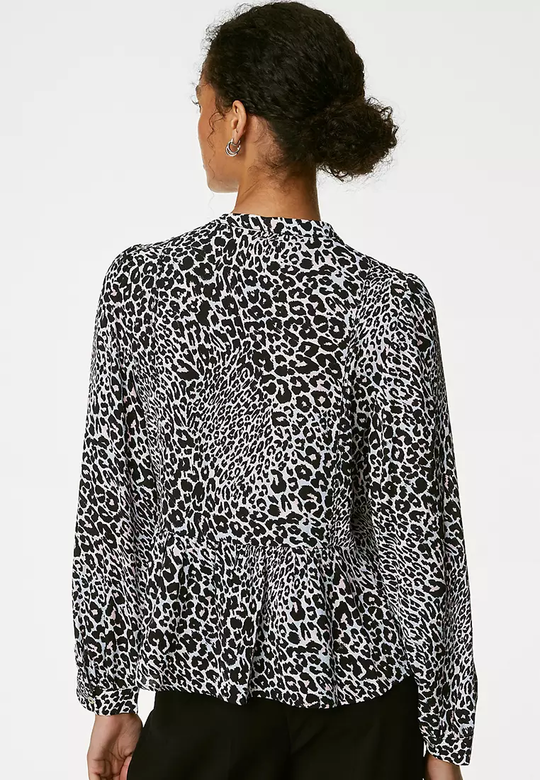 Animal Print High Neck Peplum Blouse