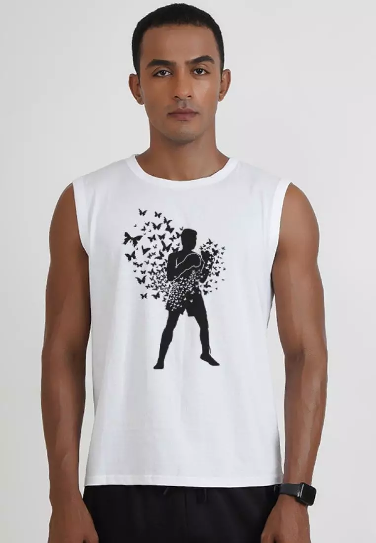 Boxing Print Graphic White Cotton Sleeveless Workout/Training Tank