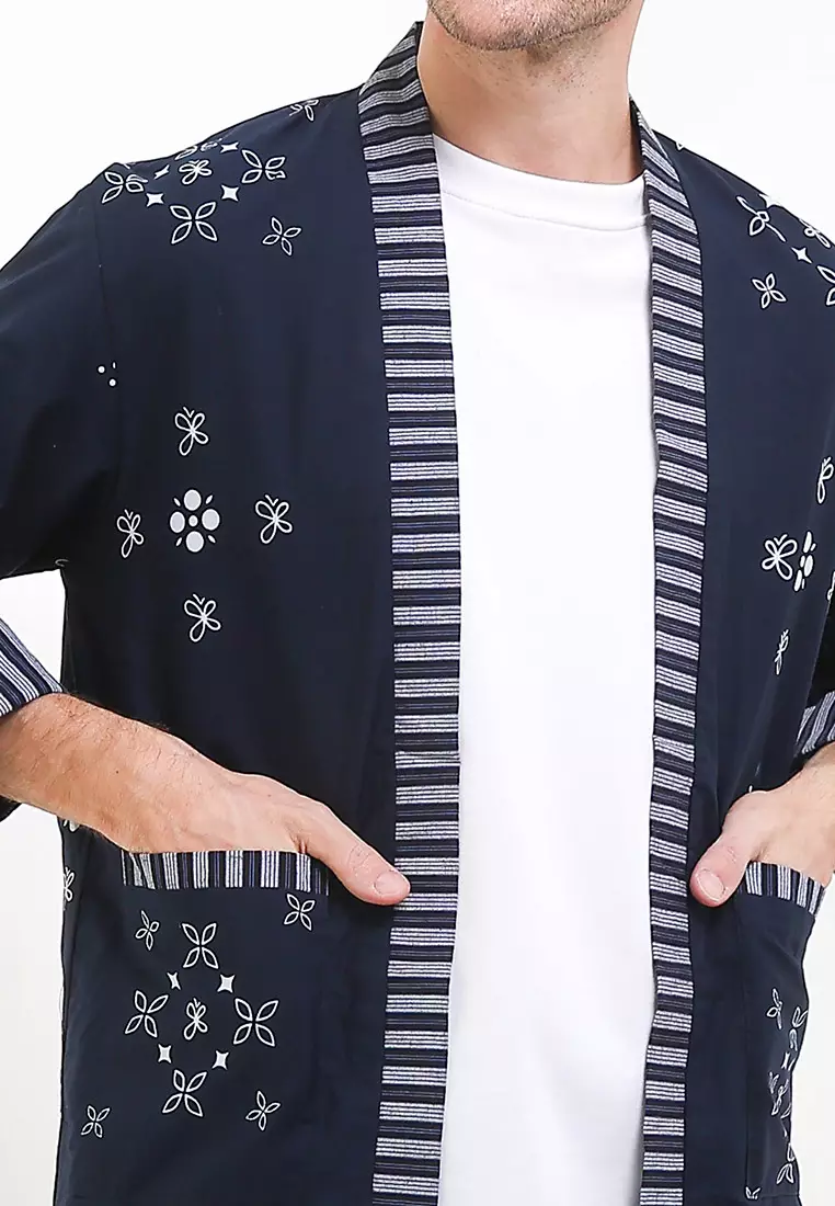 Outer Cardigan Pria Batik Haruka Raya Navy Lengan Panjang