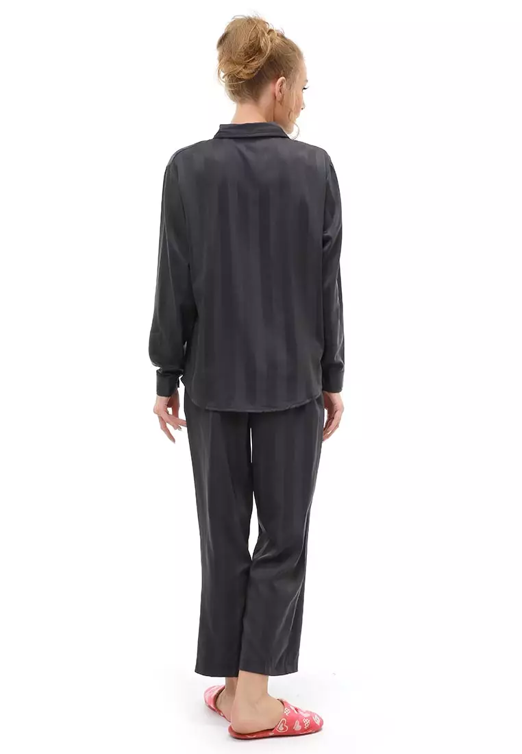 Vance Pajamas Salur Setelan Baju Tidur Wanita Lengan Panjang Material Cotton Silky ORIGINAL - Gray