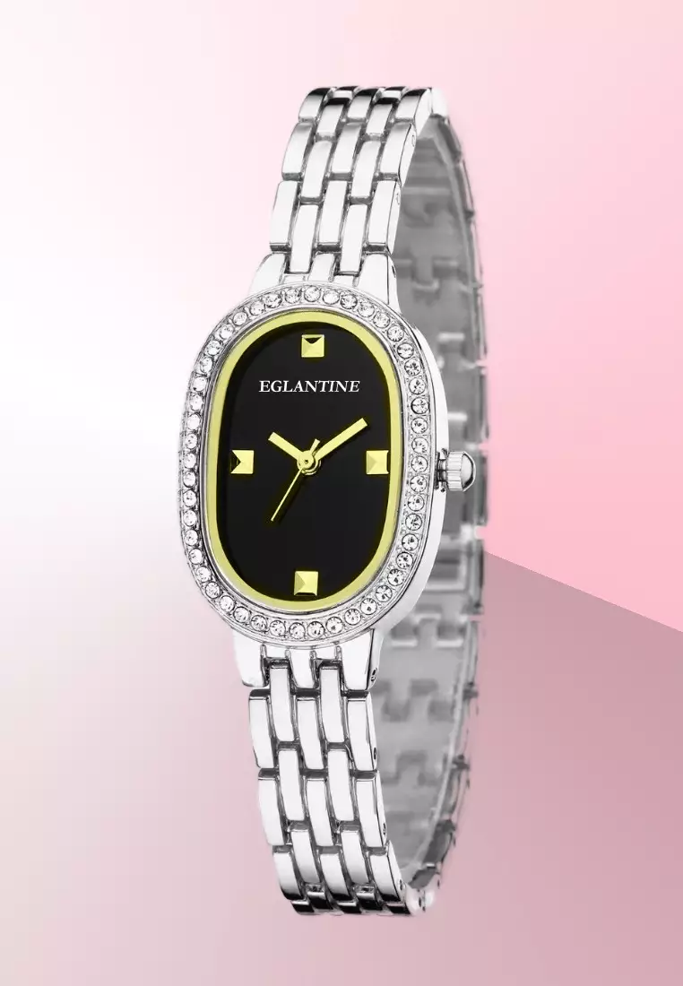 La Niçoise Ladies Silver Color Alloy Quartz Watch, Black Dial, Stainless Steel Bracelet