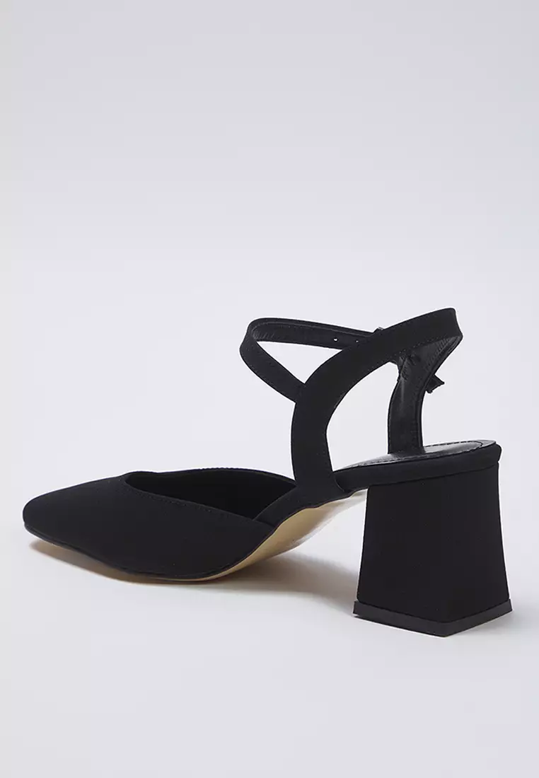 Black Ankle Strap Square Toe Women Block Heels Shoes Takss25To00052