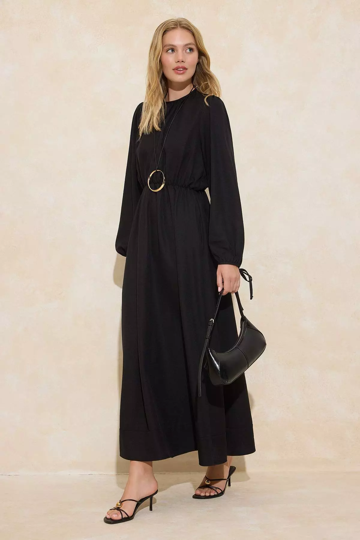 Black Linen Look Elastic Waist Tie-Up Lace-Up Woven Dress Tctss26Eb00009