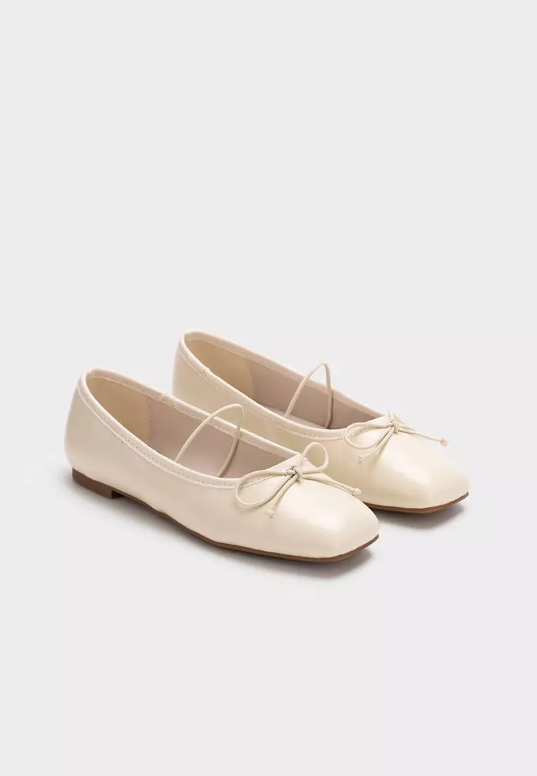 SQUARE TOE BALLET FLATS WITH STRAP & RIBBON