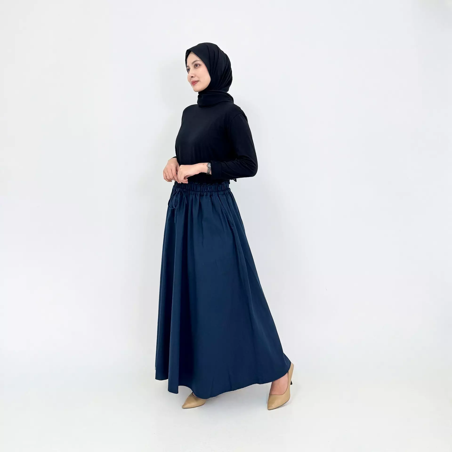 Rok Panjang Katun Flare Bianca BIRU NAVY