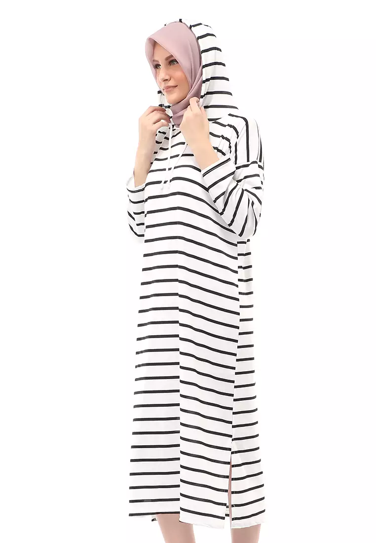 Mega Tunik Motif Stripe Atasan Wanita Long Sleeve Regular Fit - Putih B