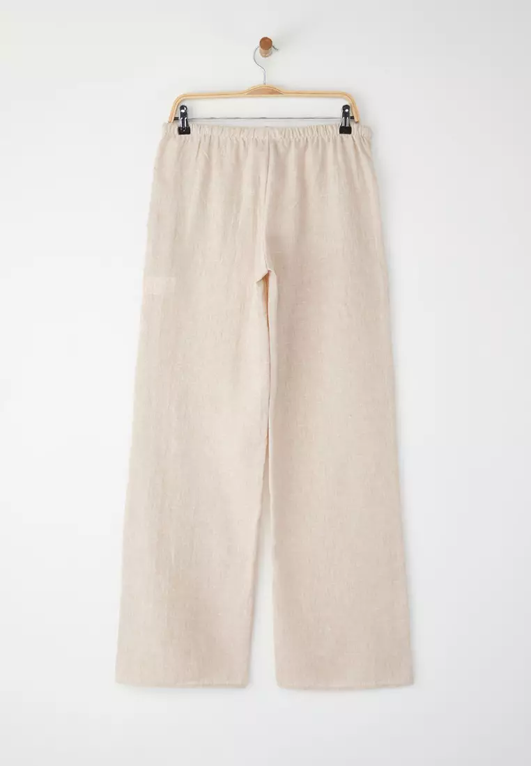 Stone Linen Look Binding Detail Wide Leg/Wide Leg Woven Trousers TWOSS25PL00109