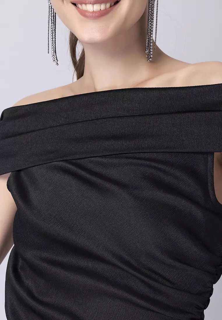 Black Off Shoulder Front Slit Dress