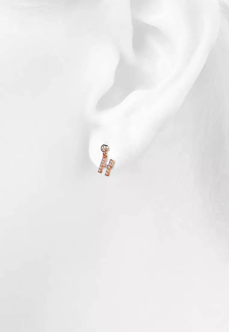 Solid 925 Sterling Silver Initial Crystal Personalised Alphabet Letter Earrings Rose Gold - H - Default