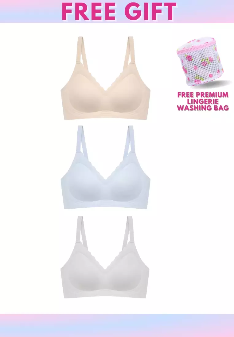 Buy Kiss & Tell 3 Pack Delia Seamless Wireless Comfortable Push Up Support  Bra in Grey, Blue and Nude Online