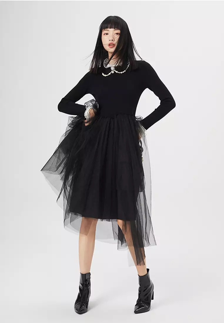 Asymmetric Mesh Spliced Knit Midi Dress