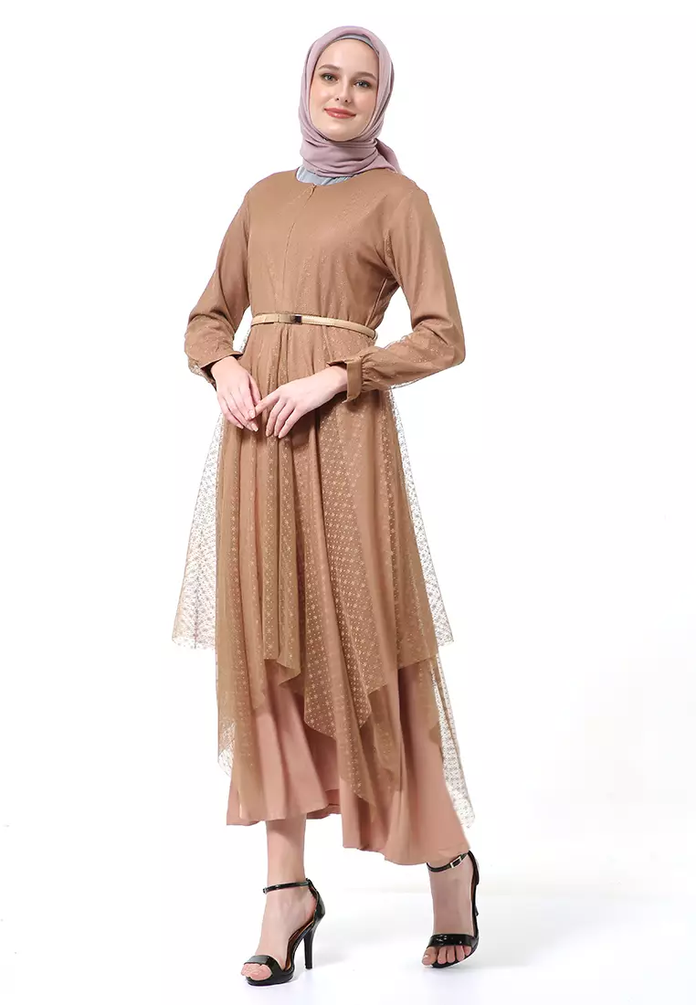 Zahwa Long Dress Gamis Muslimah Long Sleeve Free Belt High Quality - Brown