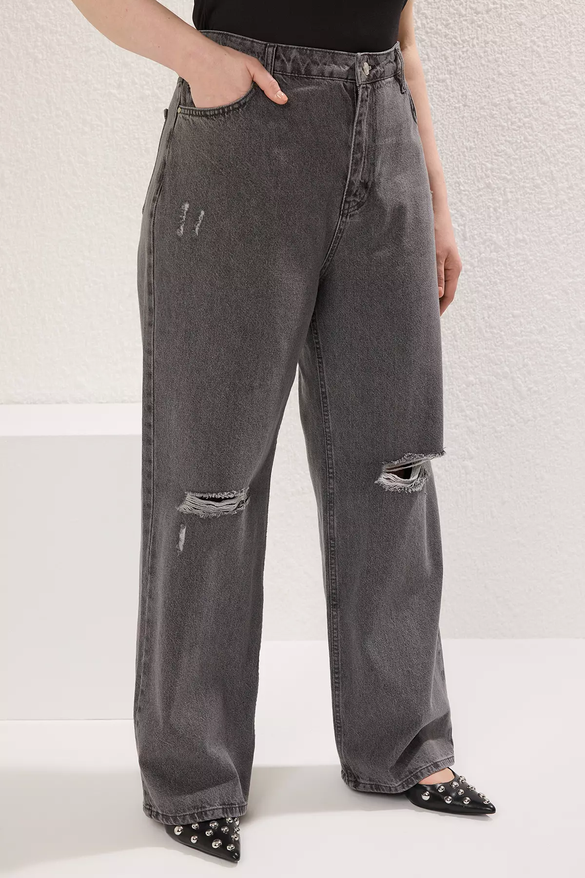 High Waist Destroyed Wide Leg Plus Size Jeans