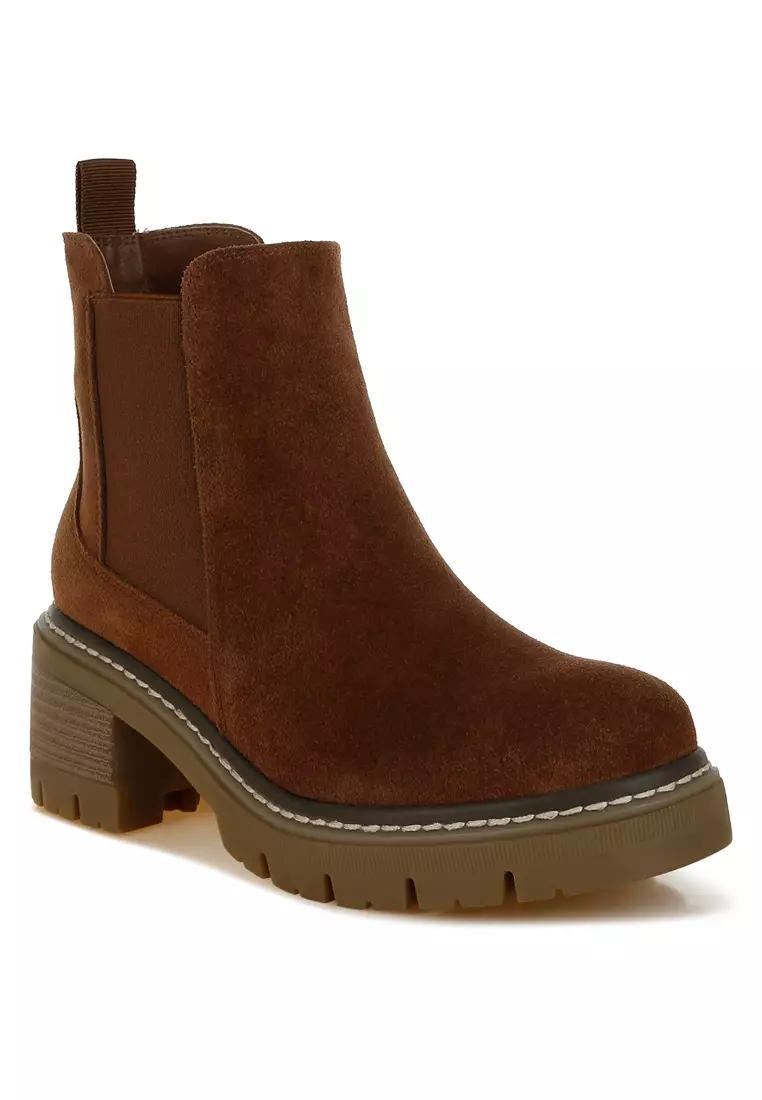Suede Chunky Chelsea Boots in Brown