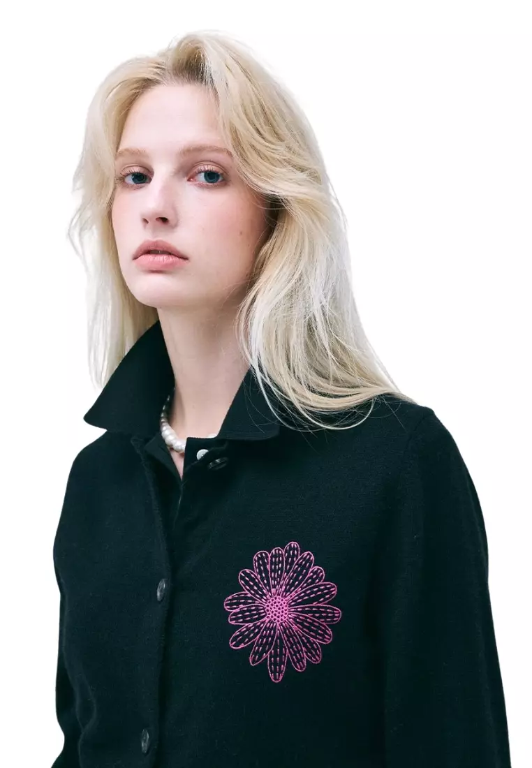 Raccoon Blended Cardigan Round Neck - Black Fuchsia