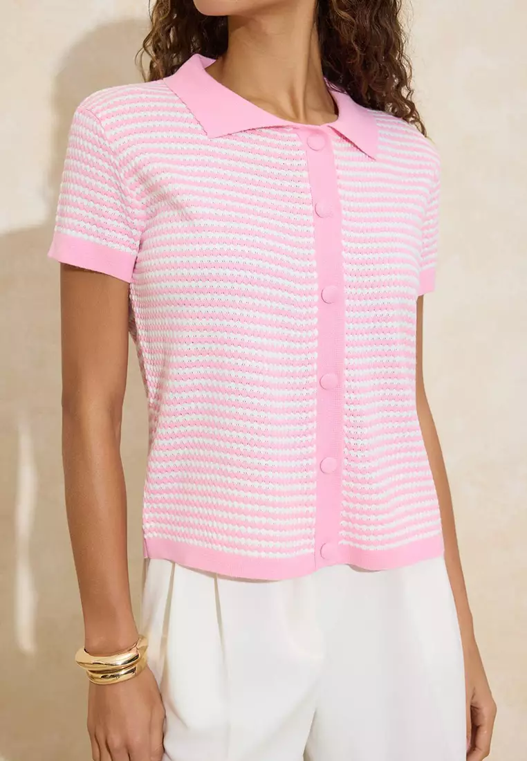 Pink Polo Neck Striped Knitwear Medium Blouse Twoss25Bz183