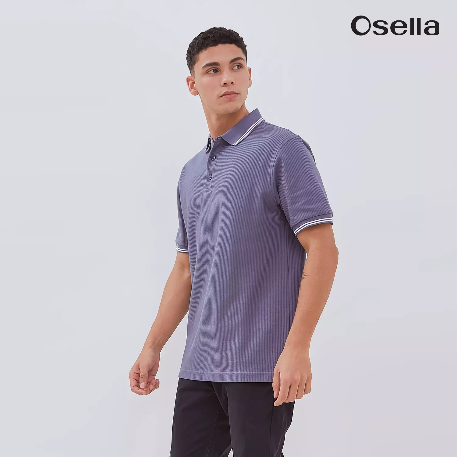 Osella Carlos Vertical Rib Textured Polo Shirt 2021501461 | Atasan Kaos Polo lengan Pendek Pria