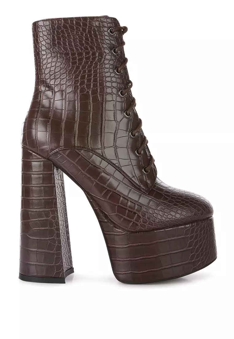 Discount on London Rag  shoes - SKU: Brown Croc High Block Heeled Boot