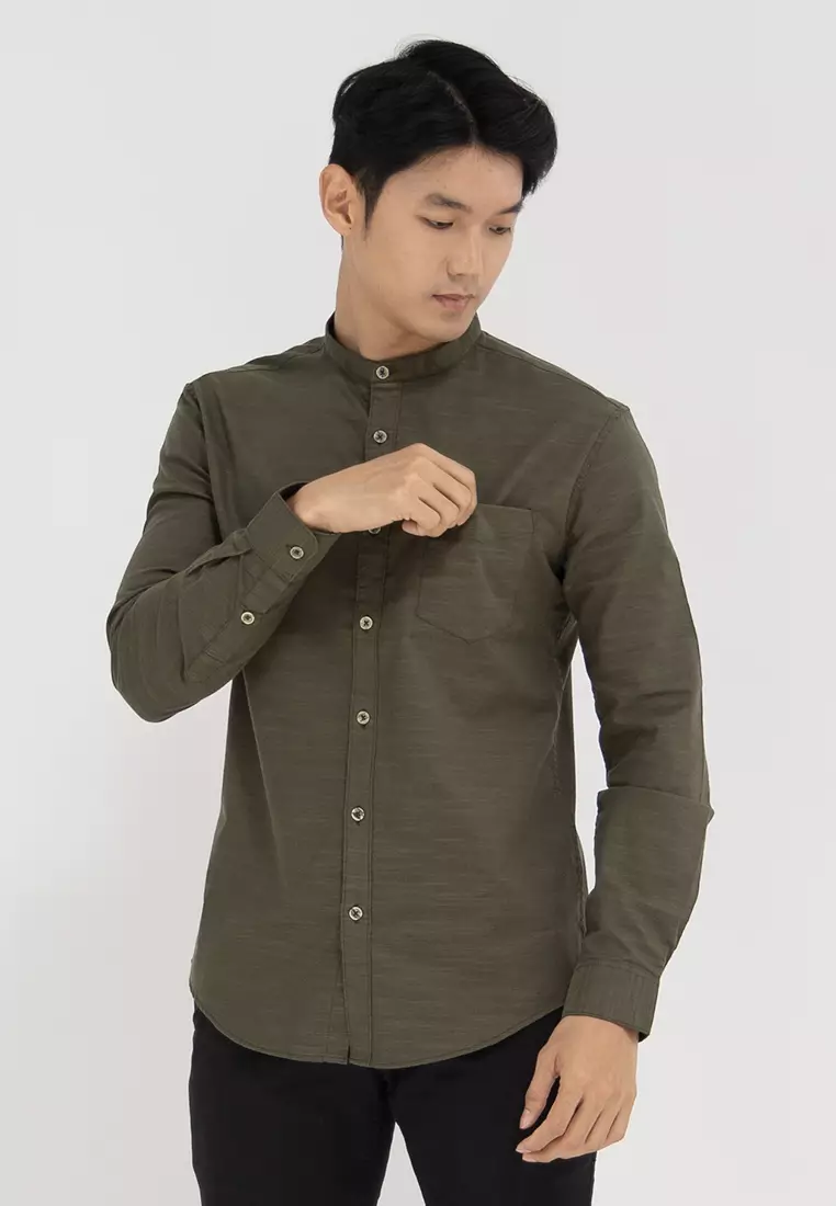 Kemeja collarless koko Slub sage OXCON dark sage