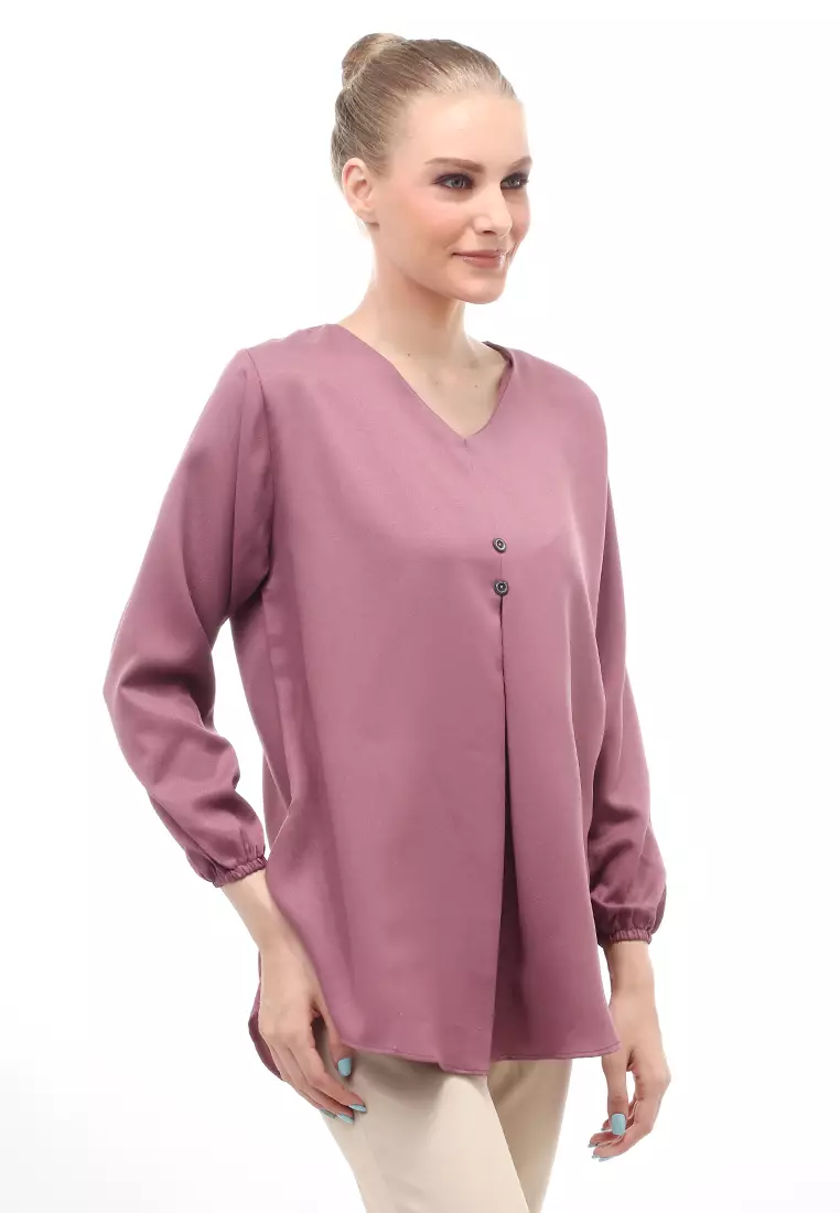 Mitzi Blouse Wanita Kerah V-neck Motif Solid Aksen Kancing Design Casual - Taro