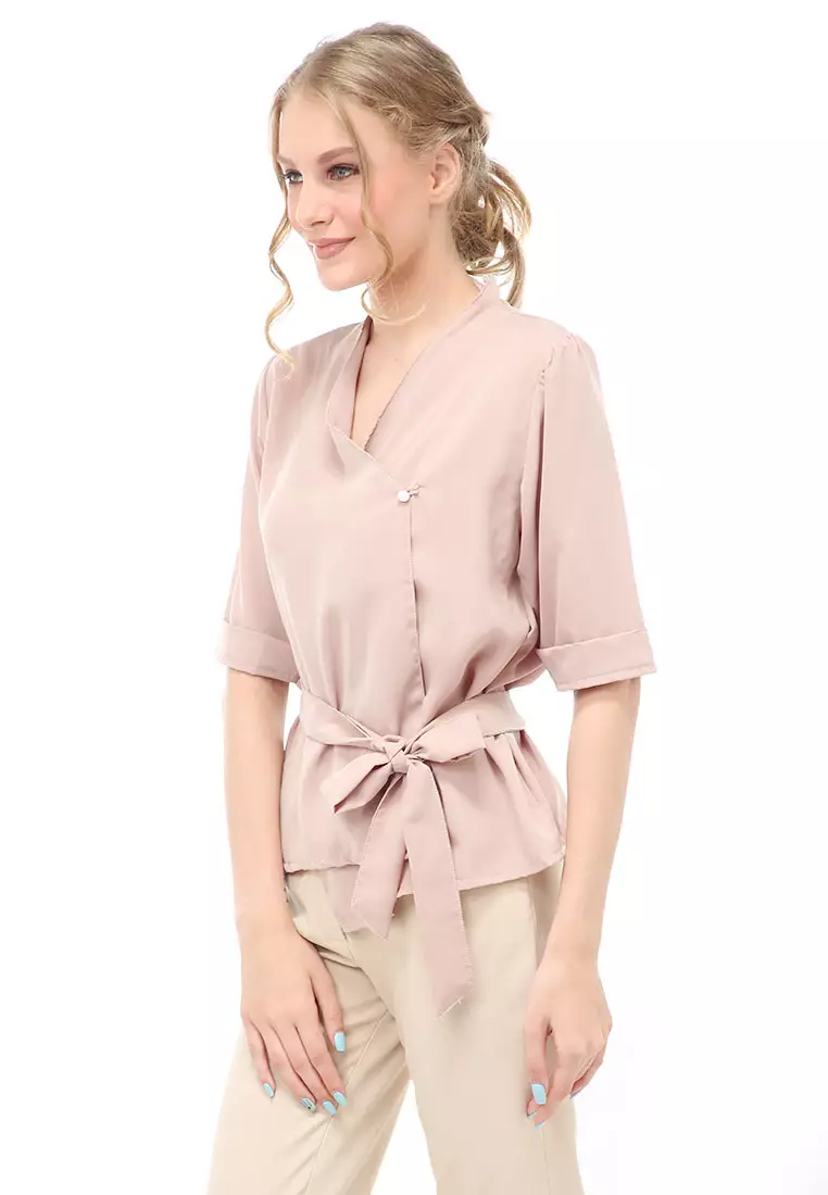 Cheva Blouse Atasan Wanita Kasual Model Tali Ikat Pinggang Material Wolfis ORIGINAL - Cream