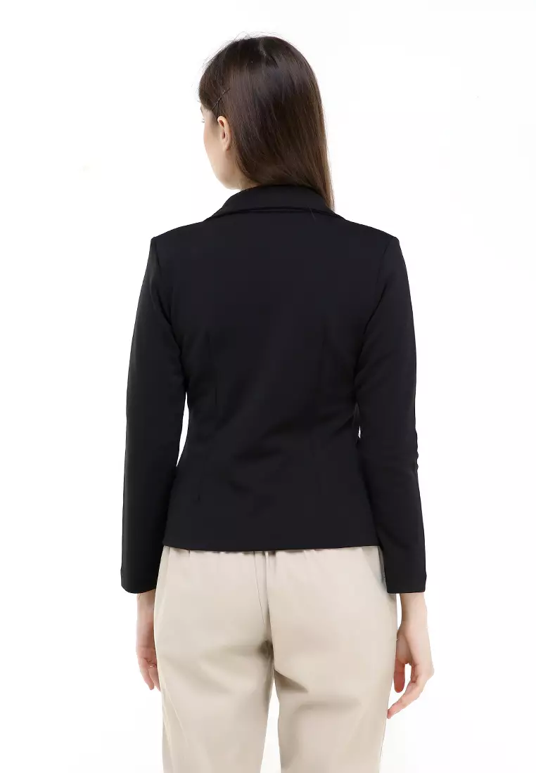 Qemsya Jas Blazer Wanita One Botton Slim Fit Formal Longsleeve Suit Material Scuba ORIGINAL - Black