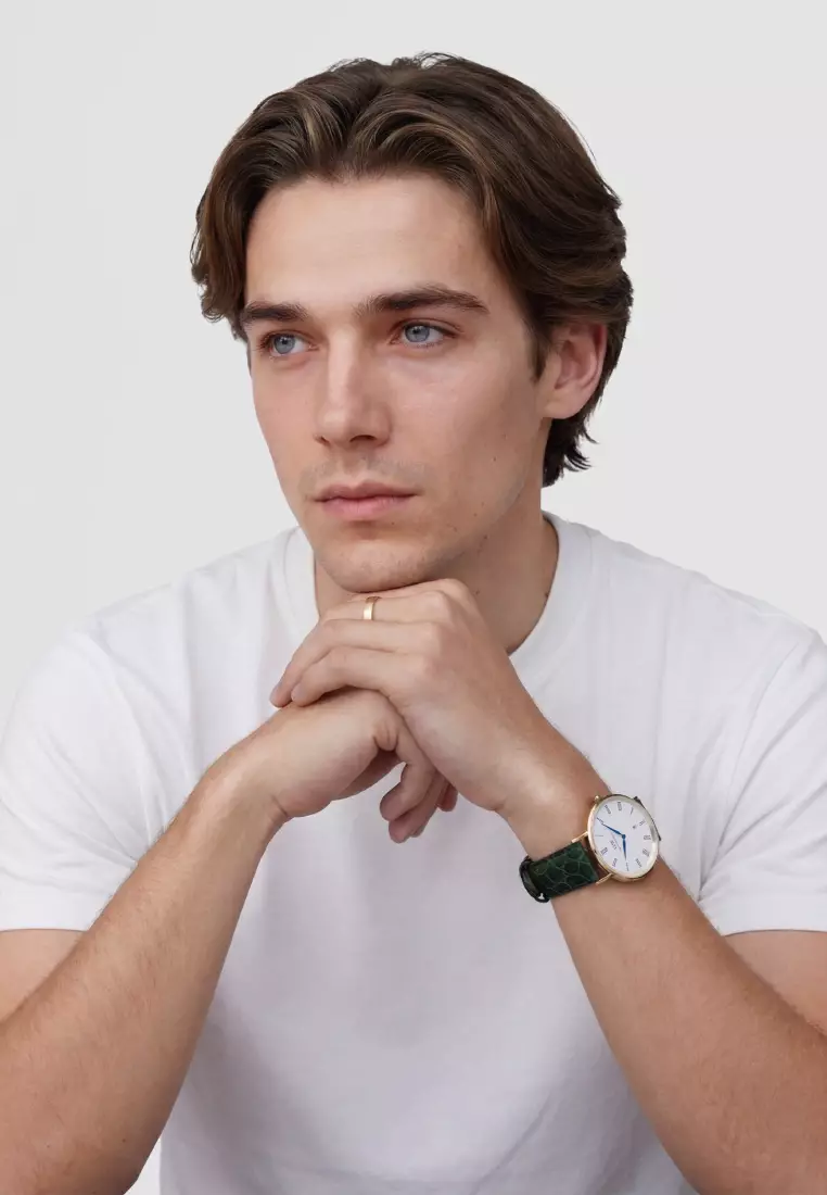 Classic 40mm Roman Numerals Date Dark Green Croc Belly Gold - Men Watch stainless steel Leather strap watch DW Official Authentic Original 男士手錶 不銹鋼 真皮 手錶 DW 官方 正品