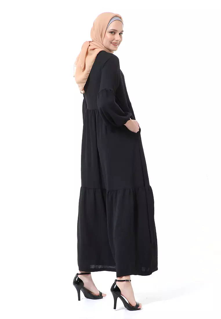 Tika Dress Wanita Gamis Muslimah Rubber Hands High Quality Premium - Black