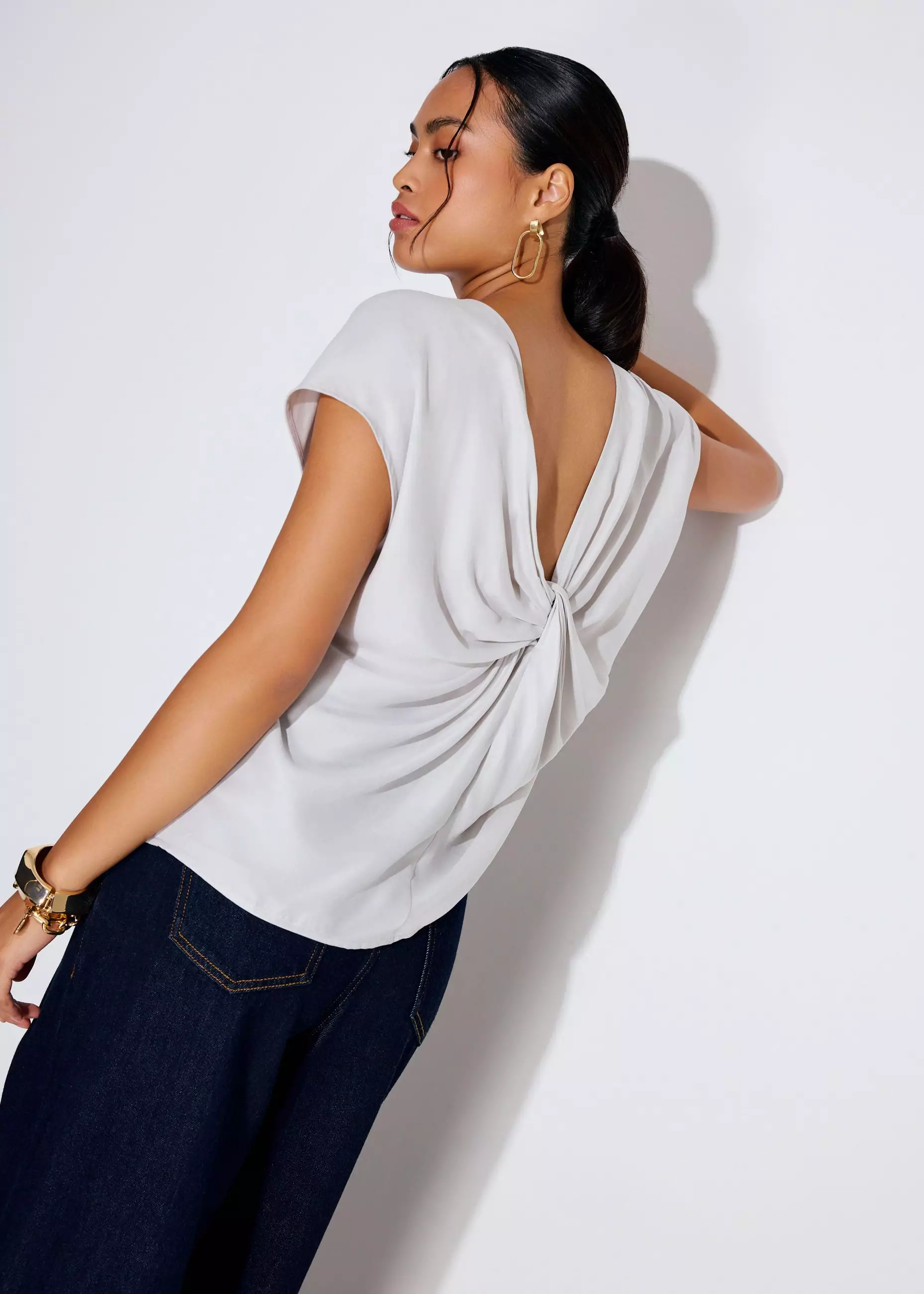 Atasan Wanita - Relaxed Cupro Back Knot Boat Neck Shell Top