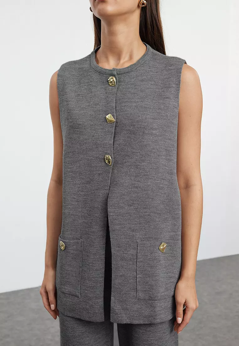 Anthracite Wide Fit Button Detailed Vest Pants Knitwear Top And Bottom Set