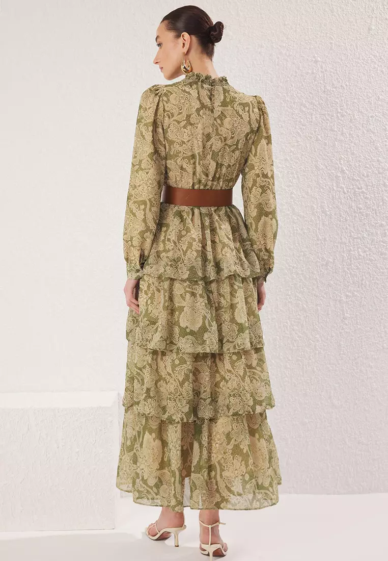 Green Stand Collar Patterned Belted Lined Chiffon Woven Dress Tctss25Eb00062