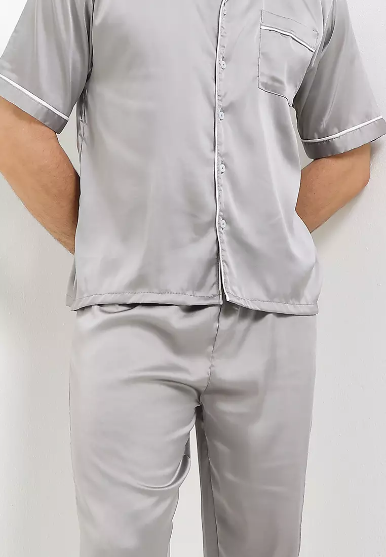 Pyjama Pijama Baju Tidur Satin Silk Short Sleeve Long Pants Berkantong Mens Pria Sleepwear
