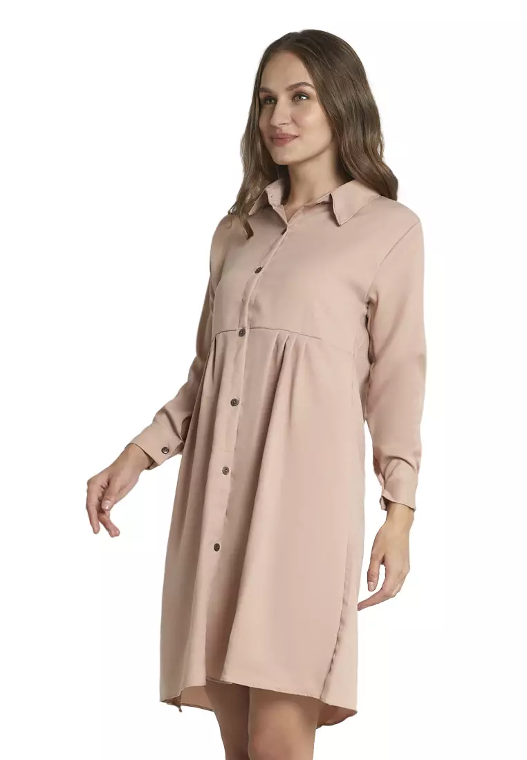 Catren Mini Dress Wanita Lengan Panjang Motif Solid Design Kasual Regular Fit - Mocca