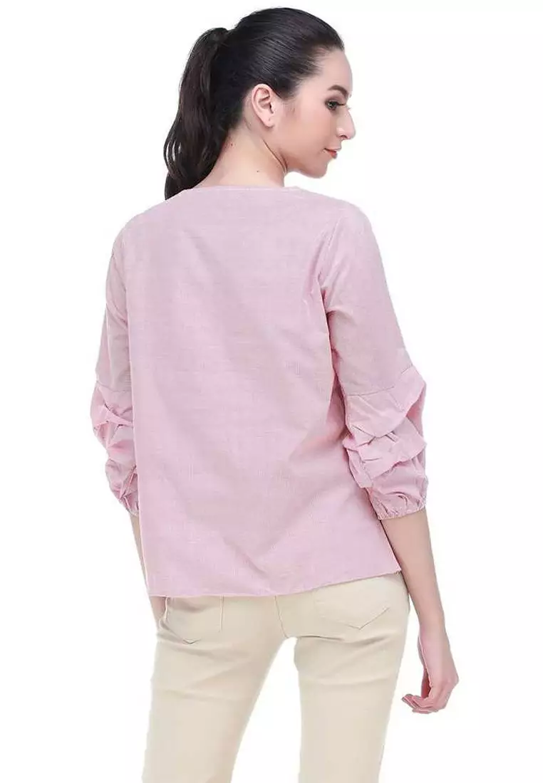 Rebecca Blouse Desain Serut Pita Baju Atasan Casual Wanita - Pink
