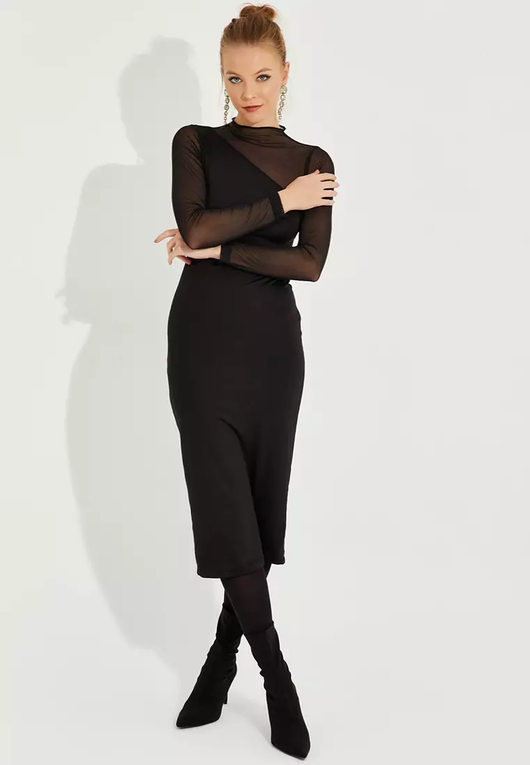 Tulle Detailed Asymmetric Midi Dress