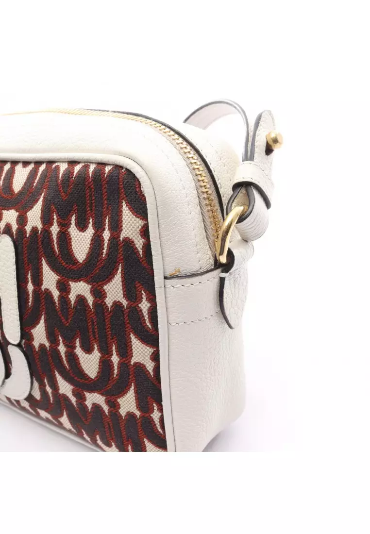 Pre-Loved MIU MIU logo jacquard Shoulder bag canvas leather off white black Brown