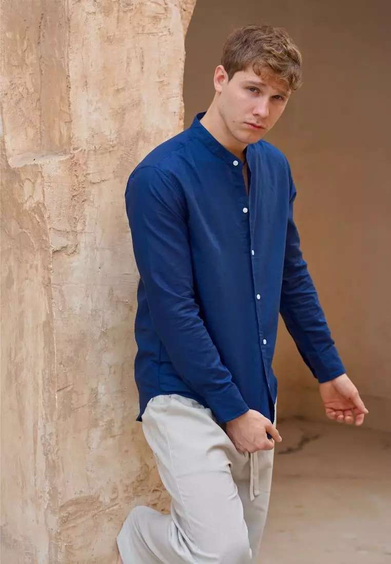 Calo Kemeja Linen Lengan Panjang Pria Biru Navy | Linen Long Sleeve Shirt Men Navy Blue