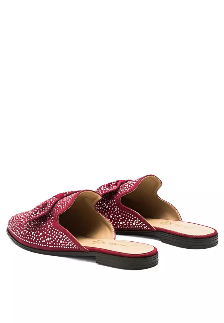 Embellished Casual Bow Mules in Dark Red