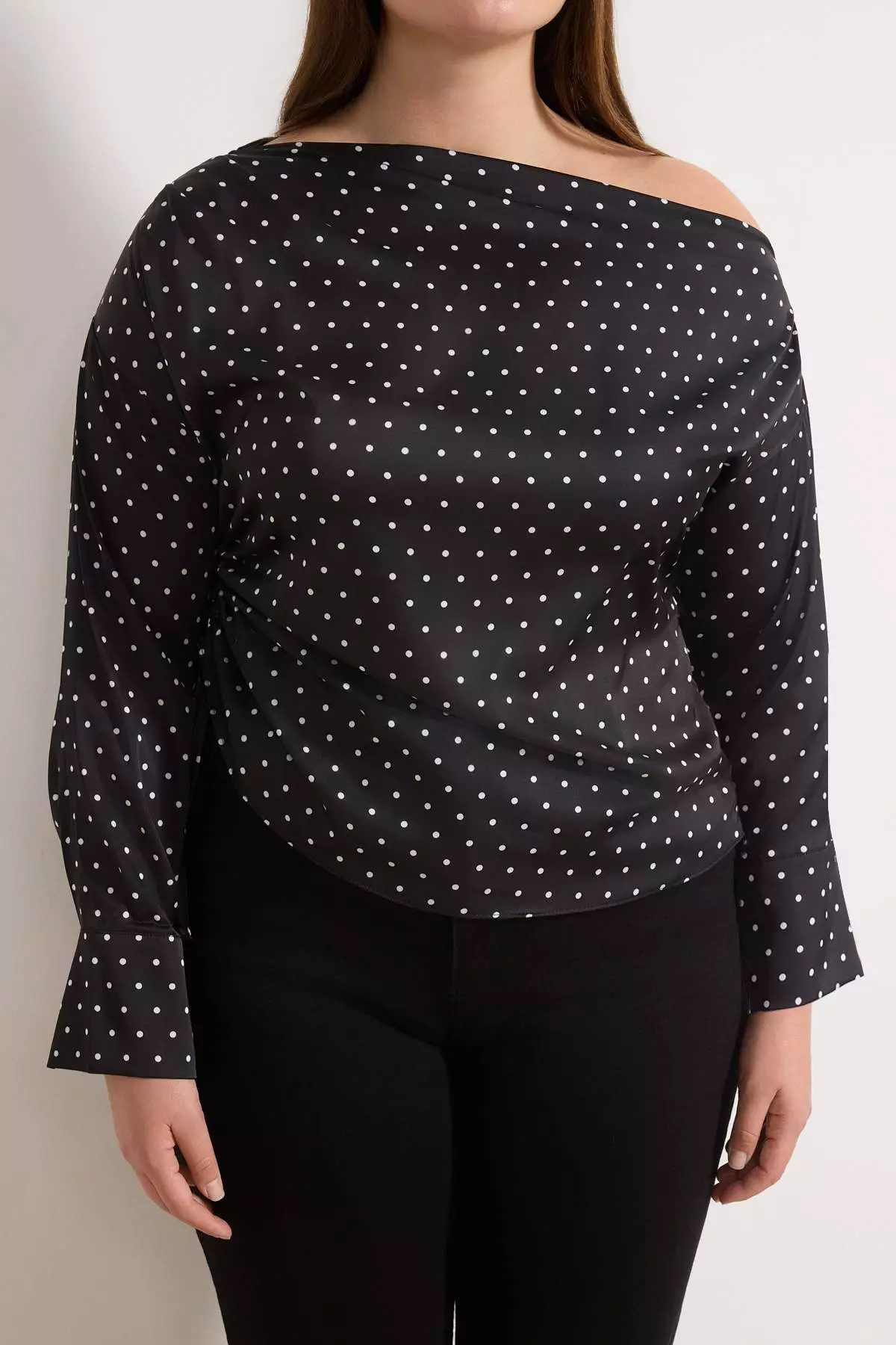 Black Satin Polka Dot Patterned Long Sleeve Woven Plus Size Blouse Tbbss26Af00019