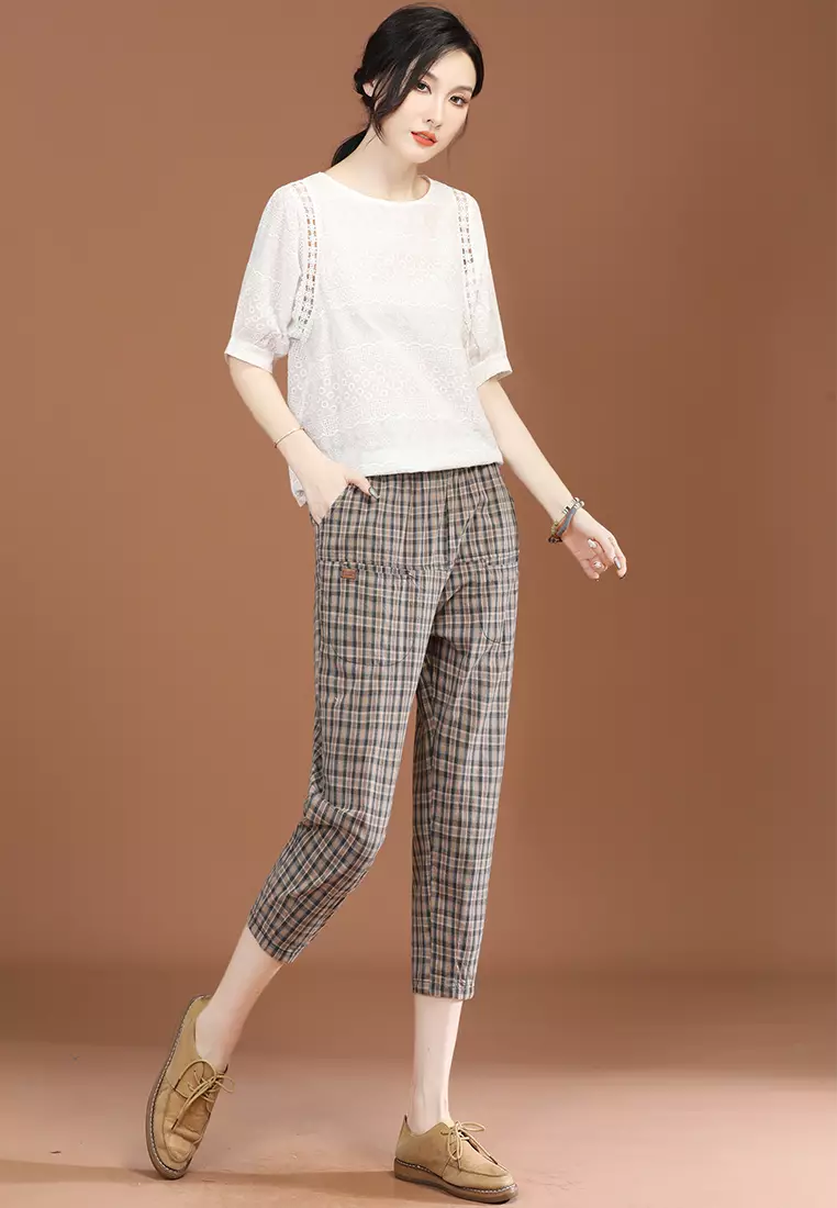Buy A IN GIRLS Elastic Waist Checkered Trousers 2023 Online