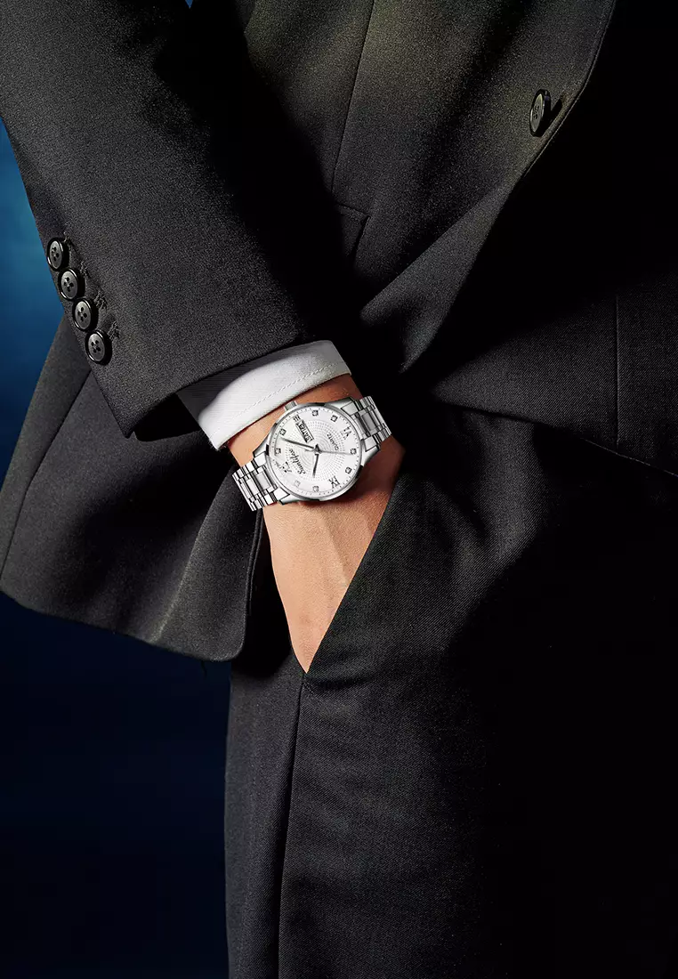 Jam Tangan Pria Original 9011 Anti Air Kuarsa Jam Pria Calendar Tali Stainless Steel Jam Tangan Cowok silver white